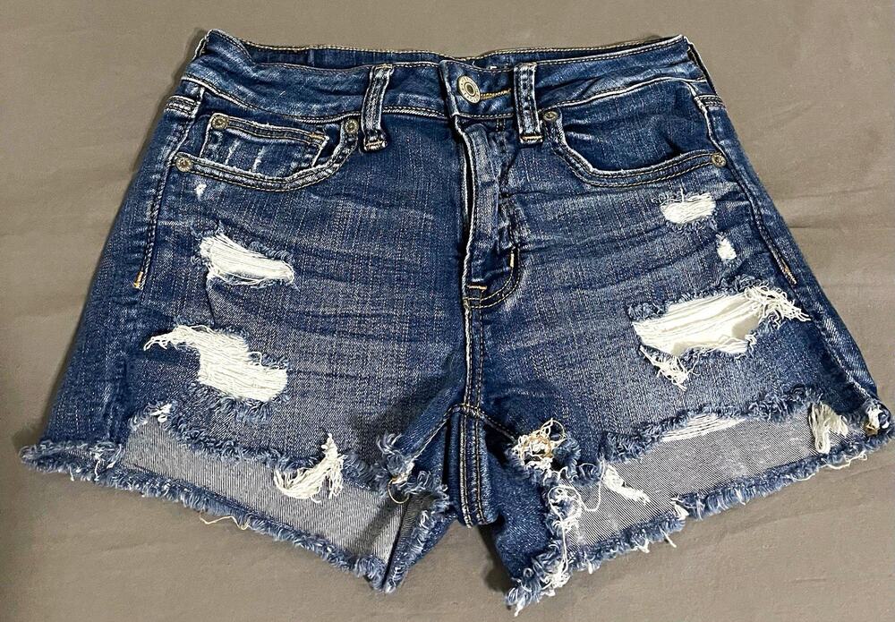 American Eagle Womens 2 High Rise Shortie Distressed Denim Shorts Frayed Hem